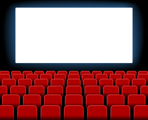 Cinema screen. Cinema with screen and seat. Theater hall with interior. Auditorium for movie, theatre. Empty stage for film. Red chair with scene for presentation. Background for advertising. Vector