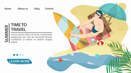Banner for the design of advertising tourist web pages websites and mobile applications on the theme of summer holidays travel and vacation A man sits on a suitcase on the beach