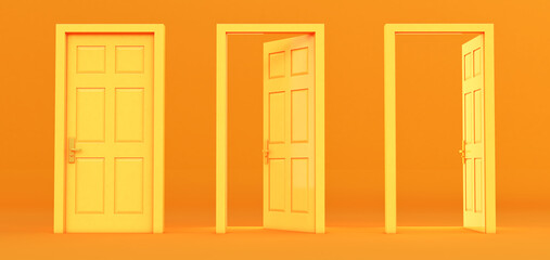 Set of different yellow door isolated on colored background, 3D render