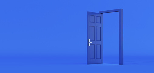 blue door Open entrance in colored background room. 3d render of blue open door.