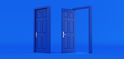 Set of different blue door isolated on colored background, 3D render