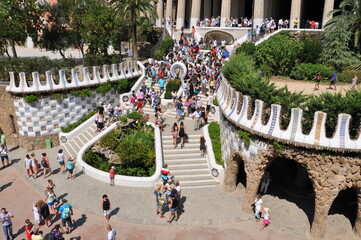 Barcelona, Spain: Park Guell. View of the city from Park Guell in Barcelona sunrise. Park Guell by...