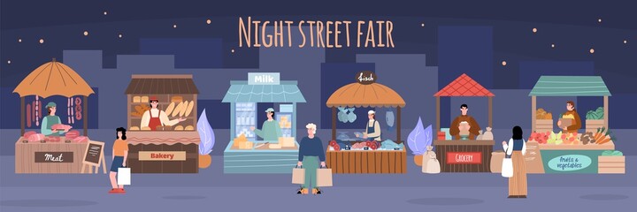 Night street fair scenery with farmers and buyers cartoon vector illustration.