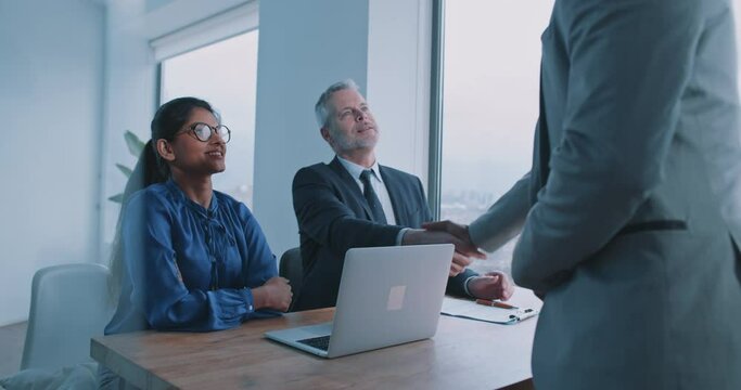 Couple of multi-ethnic managers looking through CV discussing details of agreement with potential candidate