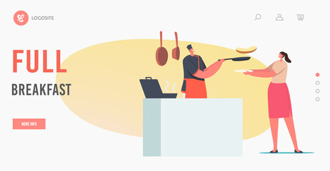 Full Breakfast Landing Page Template. Female Character Order Meal in Cafe. Woman Holding Plate front of Desk with Chef