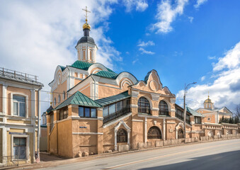 Fototapeta na wymiar Trinity Monastery on Smolenskaya Street in Smolensk. Inscription: Bolshaya Sovetskaya Street