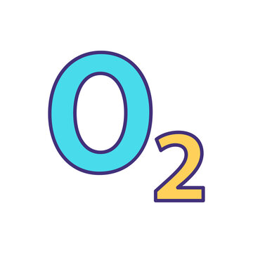 Dioxygen RGB color icon. Oxygen. Chemical, non-metal element. Colorless, tasteless gas. Vital for respiration. Biological reaction. Energy metabolism. Two oxygen atoms. Isolated vector illustration
