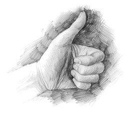 Sketch of a pencil hand gesture thumbs up