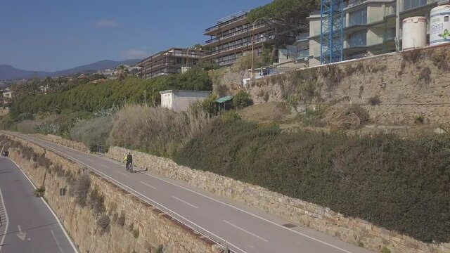 Sanremo or San Remo bicycle lane path in Liguria. Coastline and sea