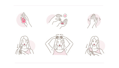 Beauty Girl Take Care of her Damaged Hair and Applying Treatment Oil on Hair Roots and Tips. Woman Making Haircare Procedures.  Beauty Haircare Routine. Flat Line Vector Illustration and Icons set.