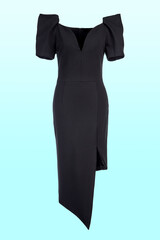 Cocktail dress of medium length with an asymmetrical cut made of black knitwear, with a deep...