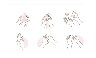 Beauty Girl Take Care of her Hands Skin and Nails. Instruction how to Use and Applying Hydrating Hand Cream. Hands Skincare Concept. Flat Line Vector Illustration and Icons set.