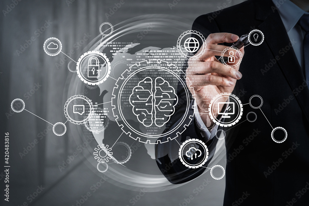 Poster man hand touch lightbulb sign in a hud with brain