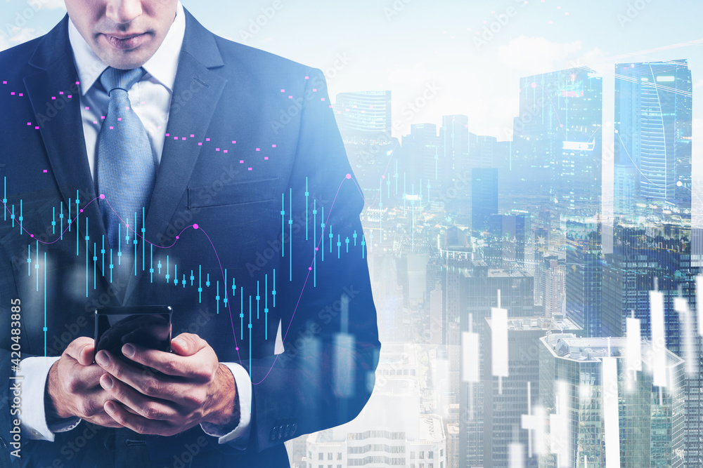 Poster office man with phone and graph changes with skyscrapers