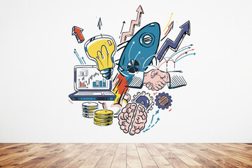 Start up sketch, white wall and parquet floor