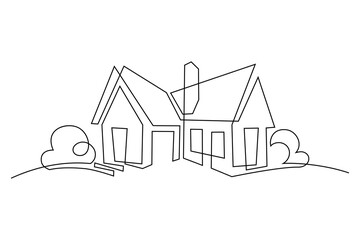 Abstract country house in continuous line art drawing style. Family home minimalist black linear design isolated on white background. Vector illustration - obrazy, fototapety, plakaty
