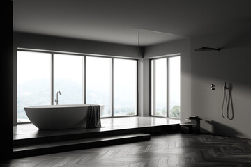 Fototapeta na wymiar Bathroom interior White bathtub and shower with panoramic windows