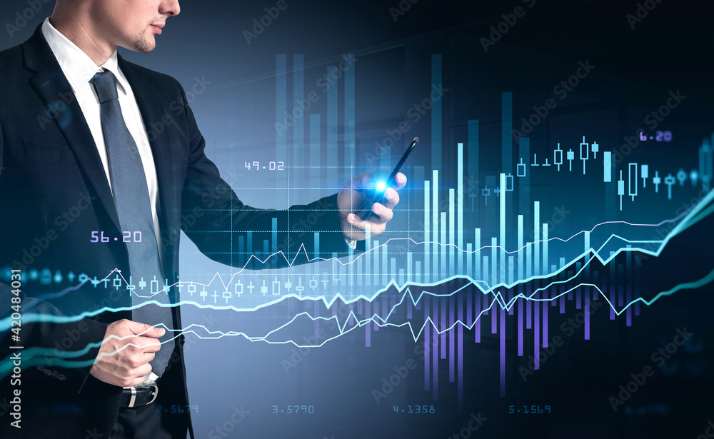 Poster man with phone in hand, graph changes lines and bars with numbers