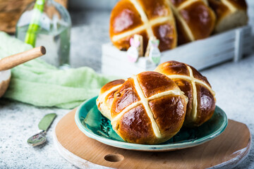 Easter hot cross buns. Traditional dish. Easter dessert. British dessert. Still life of food.