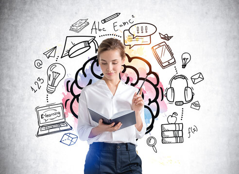 Woman with notebook, light bulb with gears and icons, drawing on grey background