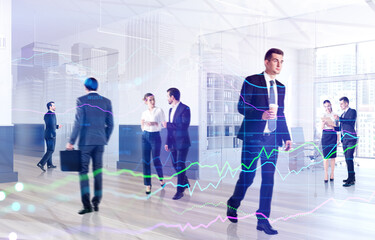 Business people working and rushing in office with cup of coffee