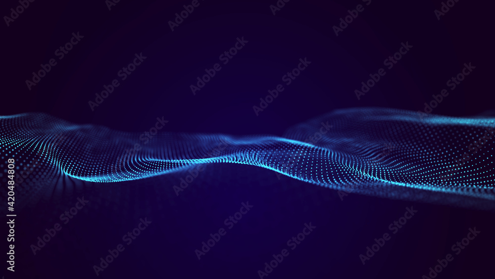 Poster Technological wave of points. Digital background. Great data visualization.. 3D rendering.