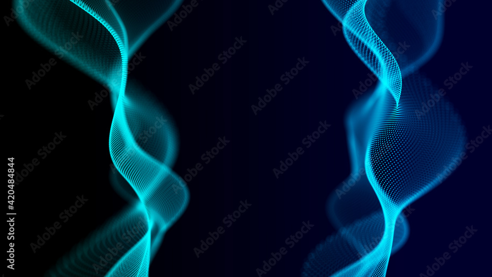 Poster Technological wave of points. Digital background. Great data visualization.. 3D rendering.