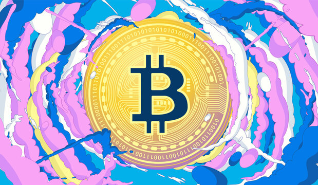 Bitcoin pop art - Colourful explosion blast with bit-coin symbol. Vector illustration.