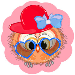 A small cartoon owl in fashionable glasses. Vector illustration.