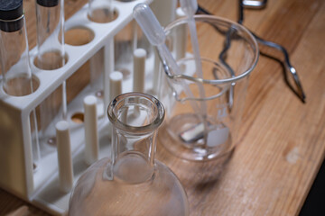 Chemical equipment, glass containers for home experiments 