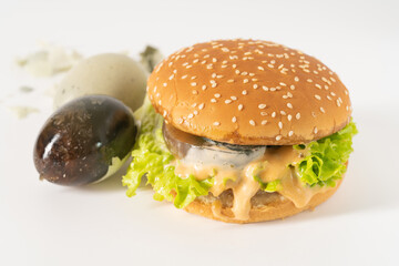 Chinese characteristic preserved egg burgers on a solid background
