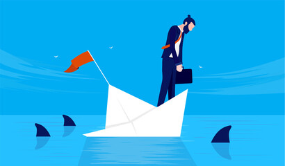 Businessman in danger - Man on sinking ship with sharks swimming in water. Business crisis, trouble and problems concept. Vector illustration.