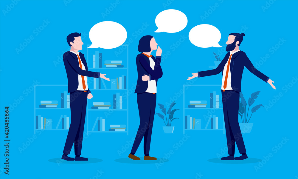 Poster discussion between colleagues - three people having conversation and discussing solutions. corporate