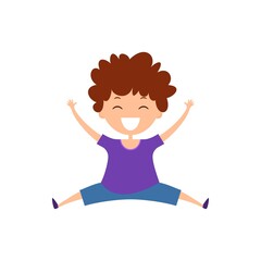 Cartoon curly dark-haired boy jumping. Joyful child isolated on white background. Happy boy in lilac t-shirt and blue shorts