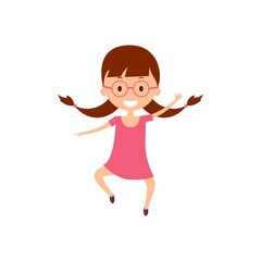 Cartoon laughing dark-haired girl with pigtails jumping. Illustration happy child in lilac dress with glasses. Joyful teenager