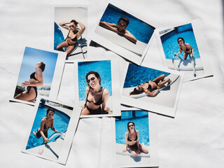 Beautiful slim girl posing at pool on polaroid pics.