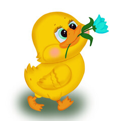 yellow duckling with blue flower