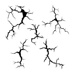 Hand drawn cracked surface set. Hole crack, cracked craquelure, damaged wall texture, earth destruction cracks.