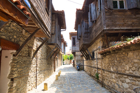NESSEBAR, BULGARIA, JUNY 18, 2016: architectural solutions Nessebar old town buildings. residential quarter.