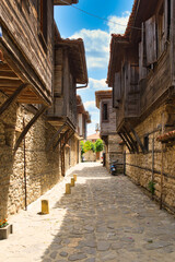NESSEBAR, BULGARIA, JUNY 18, 2016: architectural solutions Nessebar old town buildings. residential quarter.