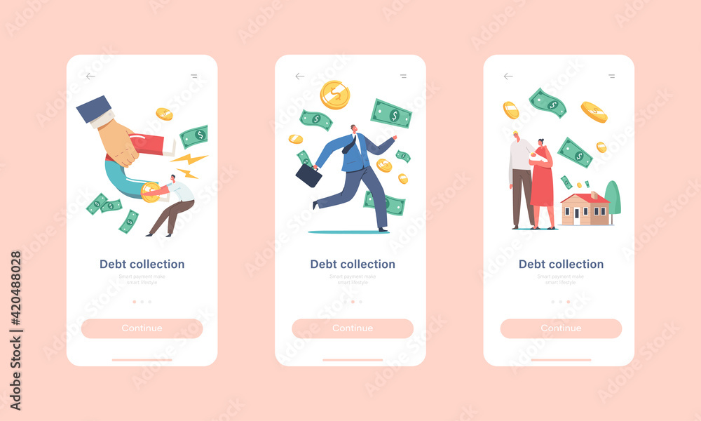 Poster debt collection mobile app page onboard screen template. huge hand with magnet attracting money from