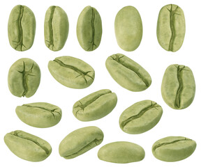 Set of green coffee beans in different angles. 3D illustration
