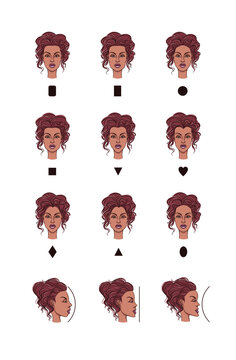 Face Shapes illustration set. 9 different types of face: oval, rectangular, oblong, round, square, v-triangle, A-triangle, heart, diamond. 3 profile shape types: concave, convex, straight.