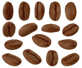 Set of roasted coffee beans in different angles. 3D illustration
