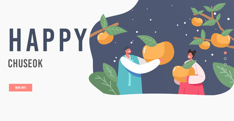 Fototapeta premium Happy Chuseok Landing Page Template. Happy Asian Kids Characters Wearing Traditional Costumes Hanbok Holding Persimmons