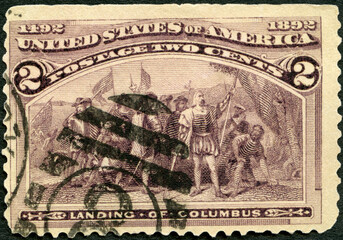 UNITED STATES OF AMERICA - CIRCA 1892: A stamp printed in USA shows Christopher Columbus (1450-1506), Landing of Columbus, Columbian Exposition Issue, circa 1892