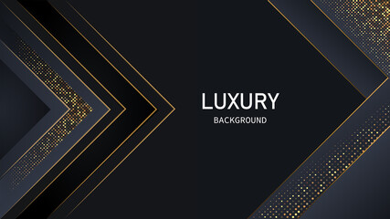 Dark abstract background with black overlap layers. Realistic texture with light effect and golden glitters dots element decoration.
