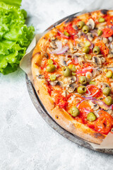 vegetable pizza no meat no cheese pizza  snack savory pie fast food healthy meal top view copy space food background rustic vegan or vegetarian 