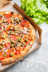vegetable pizza no meat no cheese pizza  snack savory pie fast food healthy meal top view copy space food background rustic vegan or vegetarian 
