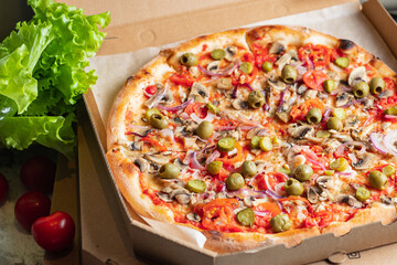 vegetable pizza no meat no cheese pizza  snack savory pie fast food healthy meal top view copy space food background rustic vegan or vegetarian 